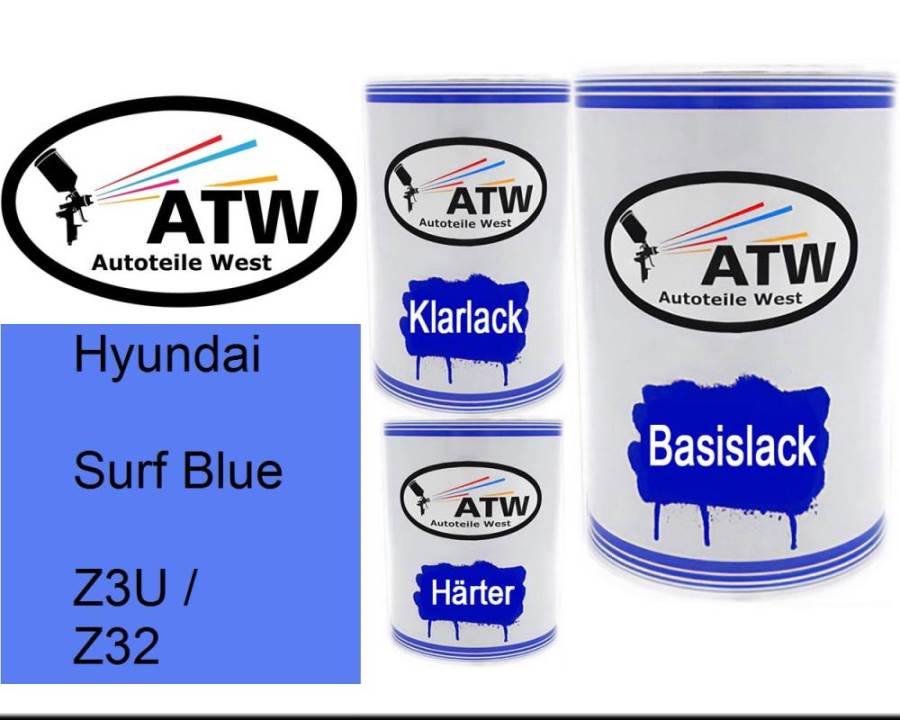 Hyundai, Surf Blue, Z3U / Z32: 500ml Lackdose + 500ml Klarlack + 250ml Härter - Set, von ATW Autoteile West.
